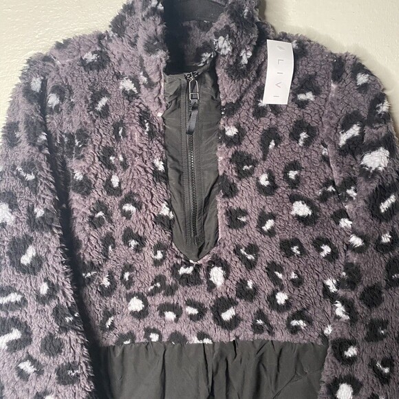Livi Women Pullover Sweatshirt 1/4 Zip Faux Fur Jacket Sz L Cheetah Animal Blac - Picture 2 of 9